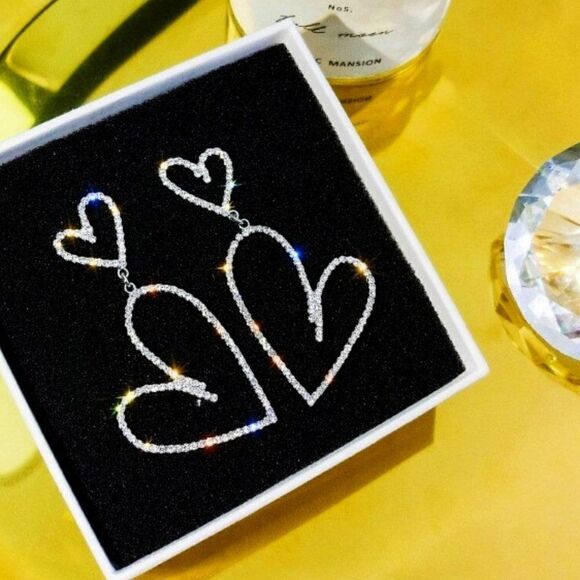 SILVER HEART DANGLE CUBIC ZIRCONIA EARRINGS - Picture 1 of 5